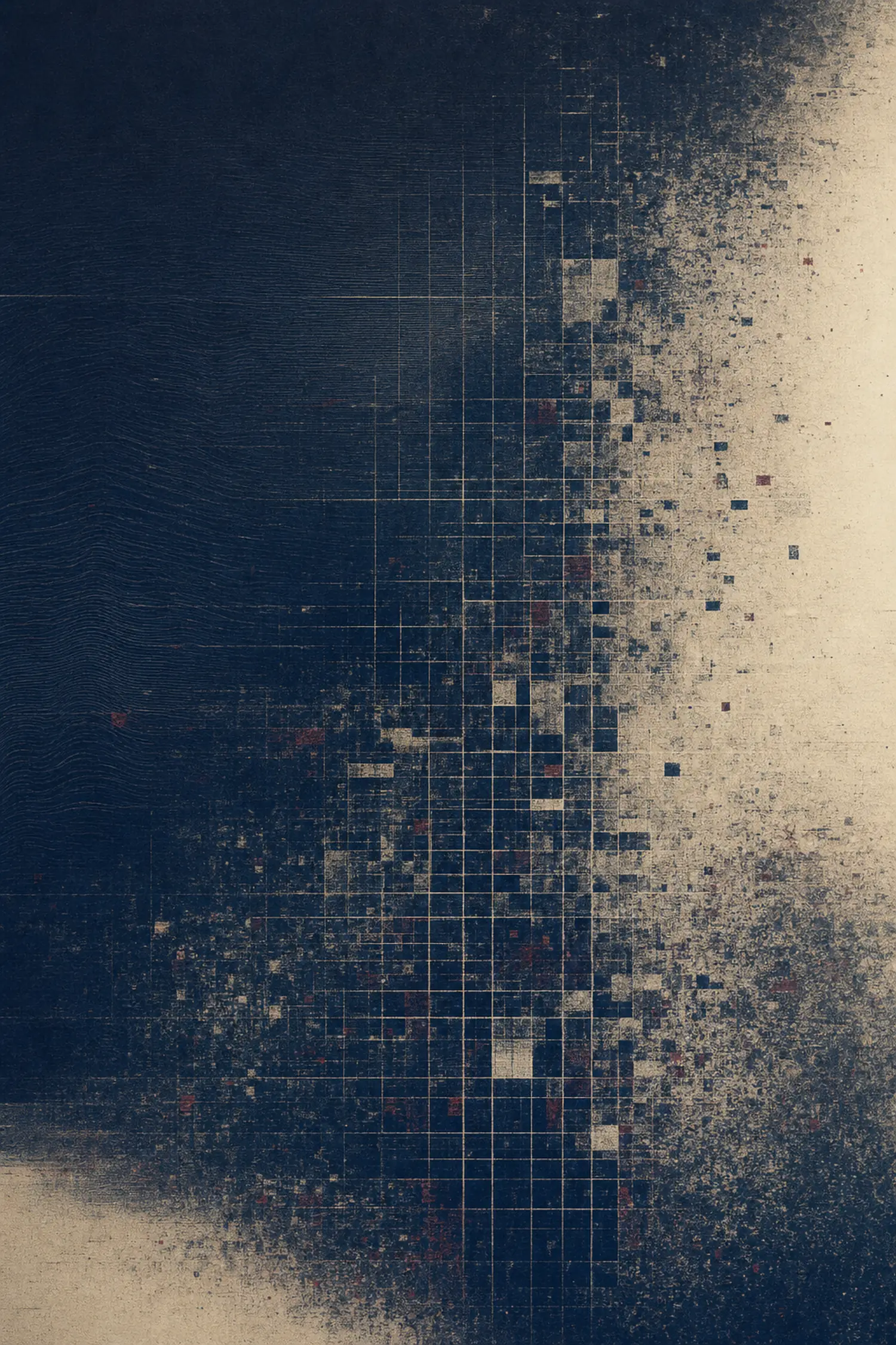 An abstract field of interference lines and a fragmenting grid dissolving into static